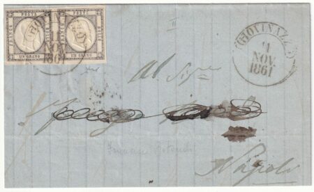 Province Napoletane 1861 – 1 gr. coppia ampi margini su sovracorperta da Giovinazzo Pt.3 x Napoli periziata – Sassone n.