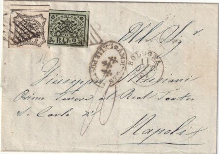1857 11 Ott 2 b.+ 8 b.Sass 3+9 Intersp. su lettera da Bologna x Napoli f.AD