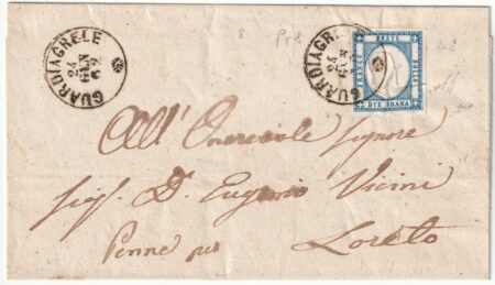 Province Napoletane 1861 – 2 gr. azzurro grandi margini usato su sovracoperta da Guardigrele Pt.8 x Loreto rara pluriper