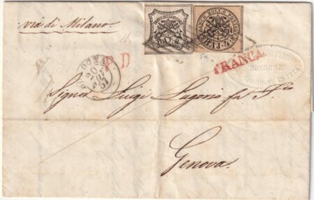 1857 20 Nov 4 b.+ 8 b.Sass 5+9 su lettera da Bologna x Genova PD+ Franca rossi f.AD rara