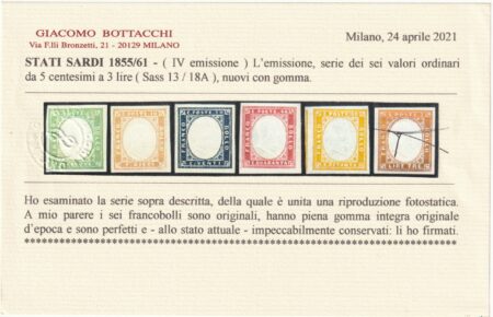 Sardegna 1861/63 – IV^ Em. Serie Completa grandi margini integra rara lusso Certificata – Sassone n.13E/18A