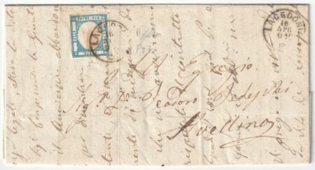 Province Napoletane 1862 – 2 gr. celeste ampi margini su lettera da Lacedonia Pt.7 x Avellino periziata – Sassone n.20a