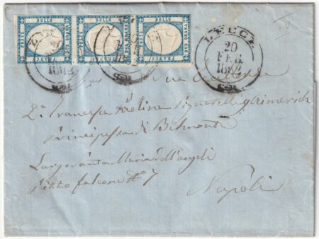 Province Napoletane 1861 – 2 gr. striscia verticale di 3 su lettera da Lecce x Napoli rara periziata – Sassone n.20b