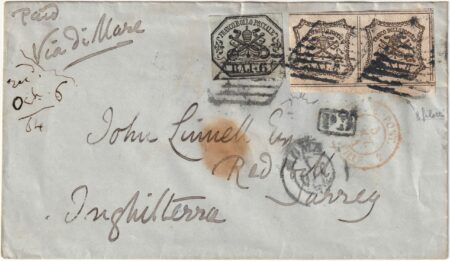 1864 1 Ott 6 b.+ 8 b. uno con 8 Filetti coppia Sass 7+9+9 8 Fil. Bdf su sovr.da Roma x Inghilterra f. Chav. rara