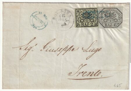 I Em. 2 + 6 b. ben marginati su sovracoperta da Cento azzurro Pt. 5 x Trento rara – Sassone n.3a+7a