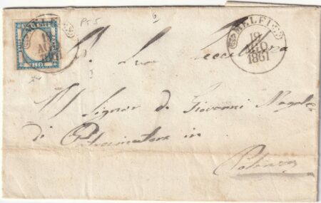 Province Napoletane 1861 – 2 gr. ben maginato usato su lettera da Melfi Pt.5 x Potenza periziata – Sassone n.20