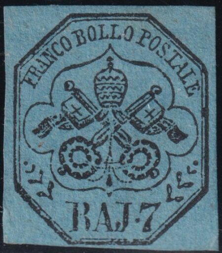 I^ Em. 7 b. azzurro ben marginato nuovo SG(*) raro – Sassone n.8
