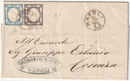 Province Napoletane 1862 – Bicolore 1+2 gr. ampi margini su lettera da Napoli x Cosenza periziata – Sassone n.19+20