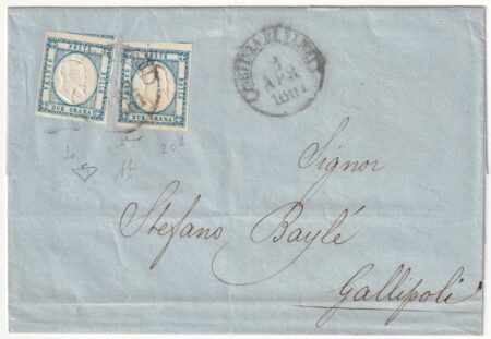2 gr. + 2 gr. tinte diverse Doppia Effige ampi margini su sovr. da Napoli x Gallipoli rara pluriperi – Sassone n.20 Dopp