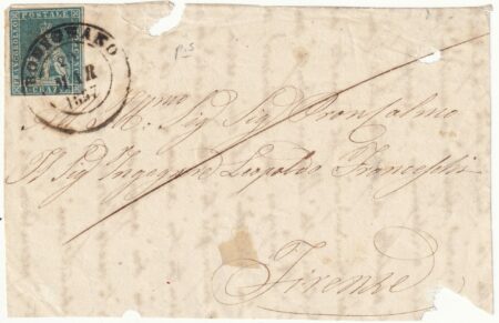 2 cr. azzurro verdastro marginato su fronte da Rosignano Pt.5 x Firenze – Sassone n.5e