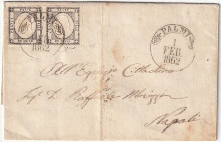 Province Napoletane 1862 – 1 gr. coppia grandi margini su lettera da Palmi x Napoli lusso periziata – Sassone n.19