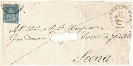 2 cr. azzurro ben marginato su fronte da Buonconvento Pt.7 x Siena – Sassone n.5d Cv 1200