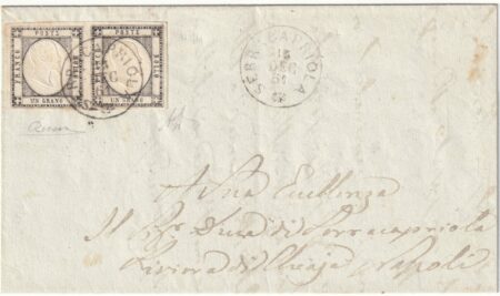 1 gr. coppia grandi margini su lettera da Serracapriola Pt.7xNapoli Chiaja rara lusso pluriperiziata – Sassone n.19