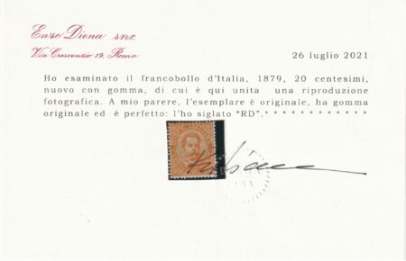 1879 – Umberto I^ Em. 20 c. arancio Certificato – Sassone n.39