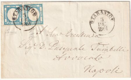 2 gr. + 2 gr. celeste con Varietà su sovracoperta da Taranto x Napoli lusso pluriperiziata – Sassone n.20a+20a VAR