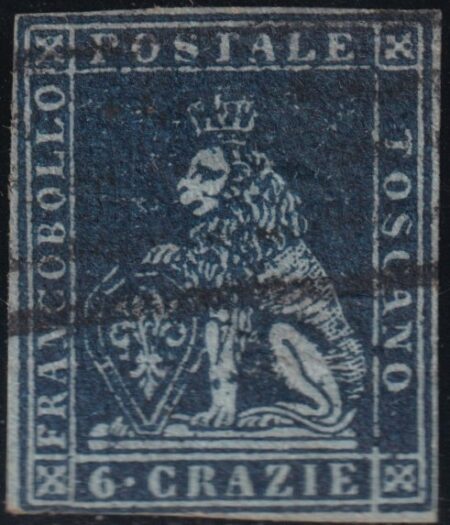 I^ Em. Filigrana Corone 6 cr. indaco su carta azzurra usato – Sassone n.7a