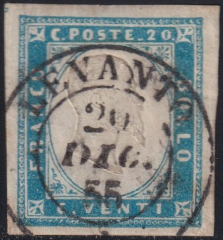 IV^ Em. 20 c. cobalto Sass 15 usato grandi margini annullo Levanto Dic 55 f. Sor.