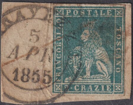 I^ Em. 2 cr. azzurro Sass 5d usato annullo Serravezza f. Oliva