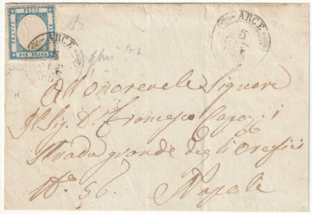 Province Napoletane 1862 – 2 gr. ben marginato su sovracoperta da Arce Pt.7 x Napoli pluriperiziata – Sassone n.20