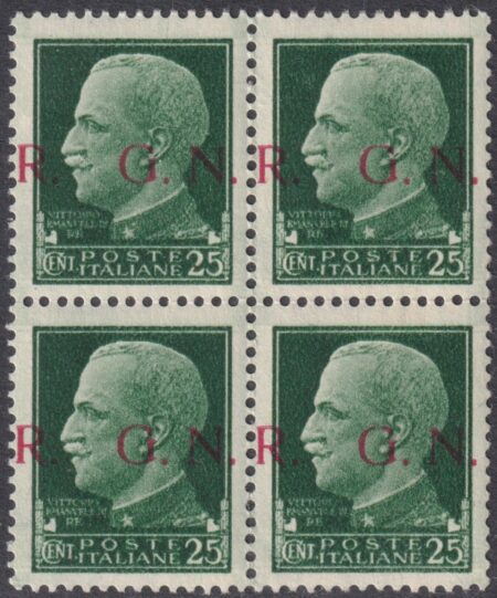 GNR Tir. Brescia 25 c. verde Varietà ” R. G.N.” in Quartina centrata integra rara lusso periziata – Sassone n.474/Ig