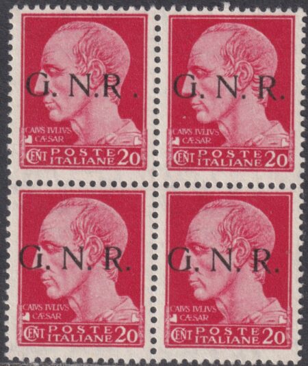 GNR Tir. Brescia 20 c. carminio “R accostata a N” in Quartina integra lusso periziata – Sassone n.473/I + 473/I