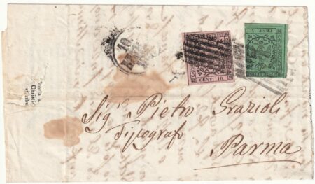 5 c. + 10 c. grandi margini su lettera da Modena x Parma rara periziata – Sassone n.7+9
