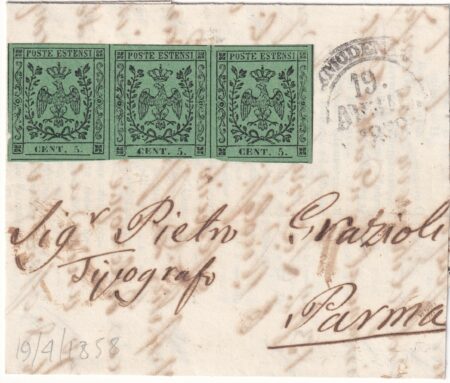 5 c. verde striscia di 3 non annullata su lettera da Modena x Parma rara – Sassone n.7