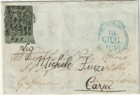 5 c. verde oliva isolato ampio Bdf su piccola sovracoperta da Modena x Carpi rara periziata – Sassone n.8