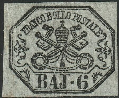 I Em. 6 b. grigio verdastro ben marginato nuovo con piena gomma raro lusso pluriperiziato – Sassone n.7