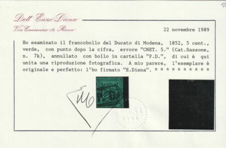 5 c. verde CNET lettere in vertite usato con PD molto raro periziato+ Certificato – Sassone n.7k