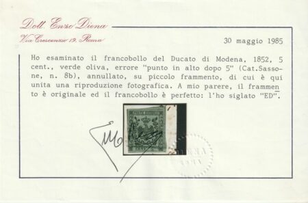 5 c. verde oliva Varietà punto in alto dopo 5 grandi margini usato su framm. raro perizi+Certificato – Sassone n.8b