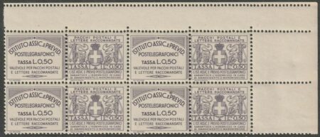 1936 – Assicurativi Serie di 4 valori da 50 c. + 1 + 3 + 1,50 l. Quartine Adf centrate integre rara lusso – Sassone n.12/13+15+17