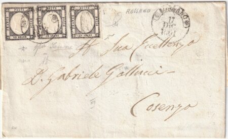 1861 17 Dic 1 gr. + 1 gr. coppia Sass 19c su sovr. da Rossano x Cosenza f. AD, L.Sass., Chiav, Palermo