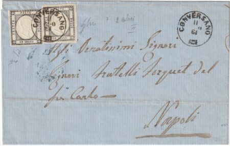 1861 11 Ago 1 gr. + 1 gr. Sass 19a su sovr. da Conversano Pt.7 x Napoli f. ED, Chiav.