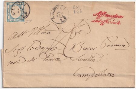 1862 12 Feb 2 gr. Sass 20 su sovr. da Napoli Affrancatura Insuff rosso x Campobassoi tassata f. Chiav.