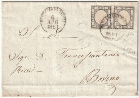 1861 6 Apr 1 gr. coppia Effigi Deboli Sass 19a su sovr. da Napoli x Bovino f. Chiav.