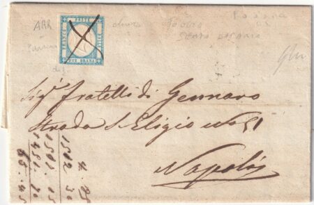 1861 4 Nov 2 gr. Sass 20a su lettera da Foggia x Napoli annullato a penna rara