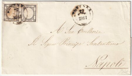 1861 27 Set 1 gr. coppia Sass 19 su fresca sovr. da Potenza x Npaoli f. Chiav. Spl