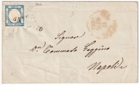 1861 17 Lug 2 gr. Sass 20d su fresca sovr. da Lecce Svolazzo Pt.8 x Napoli f. Ray, Chiav. Spl