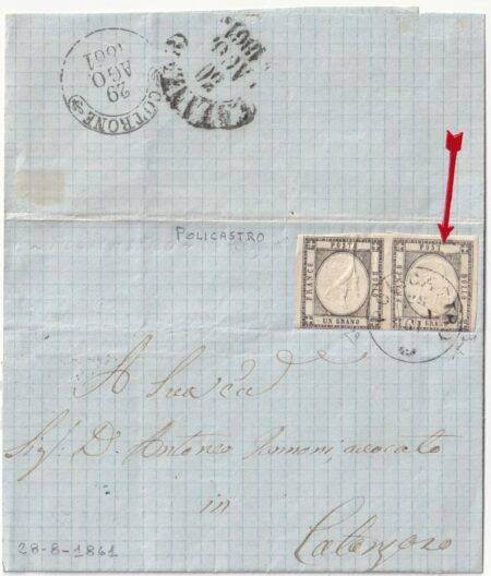 1861 28 Ago 1 gr. coppia con Varietà Senza E Sass 19a su fresca sovr.da Policastro cerchio Non Ripeturo f.Ed, Chiav