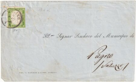 1858 8 Giu 5 c. isolato Sass 13Ad su circolare x distretto da Saluzzo x Pagno f. Chiav. Cv 2600