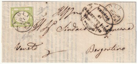 1861 21 Set 1/2 t. isolato Sass 17a su circolare da Napoli x Bergontino timbro gazzette Verona f. Sor, Chiav Spl.