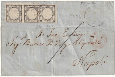 1861 21 Mag 1 gr. coppia + 1 gr. Sass 19a su sovr. da Penne Doppio Svolazzo Pt.R2 x Napoli Insuff. Affr.rosso Rarità