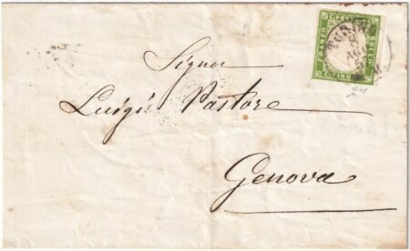 1857 8 Ago 5 c. isolato Sass 13Ae su circolare da Torino x Genova f. Chiav. Cv 2000