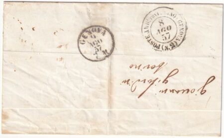 1857 8 Ago 5 c. isolato Sass 13Ae su circolare da Torino x Genova f. Chiav. Cv 2000