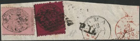 III^ Em. Bicolore 20 c. rubino + 80 c. rosa ch. su frammento da Roma raro periziato – Sassone n.28f+30
