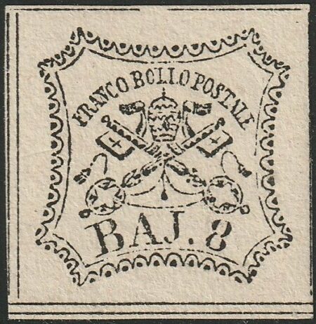 I^ Em. 8 b. bianco ben marginato nuovo piena gomma raro lusso pluriperiziato – Sassone n.9