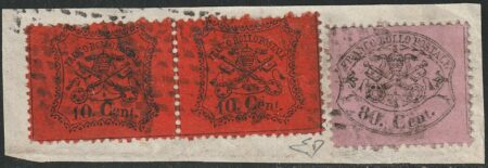 III^ Em. Bicolore 10 c. coppia + 80 c. rosa lillaceo su frammento raro periziato – Sassone n.26+30b