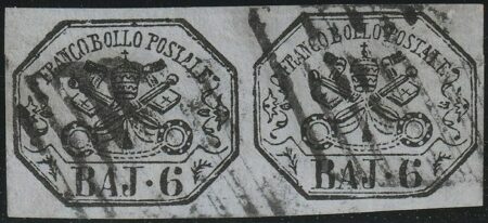 I^ Em. 6 b. lilla grigio coppia molto ben marginata usata rara pluriperiziata – Sassone n.7A