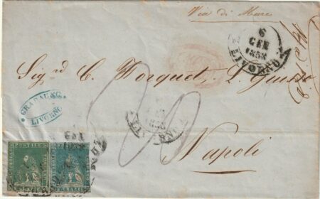 II^ Em. 2 + 4 cr. su sovr. da Livorno x Napoli rara – Sassone n.13+14 Cv 2500